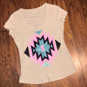 Express Sequin Tribal Neon Aztec Beige Graphic Tee